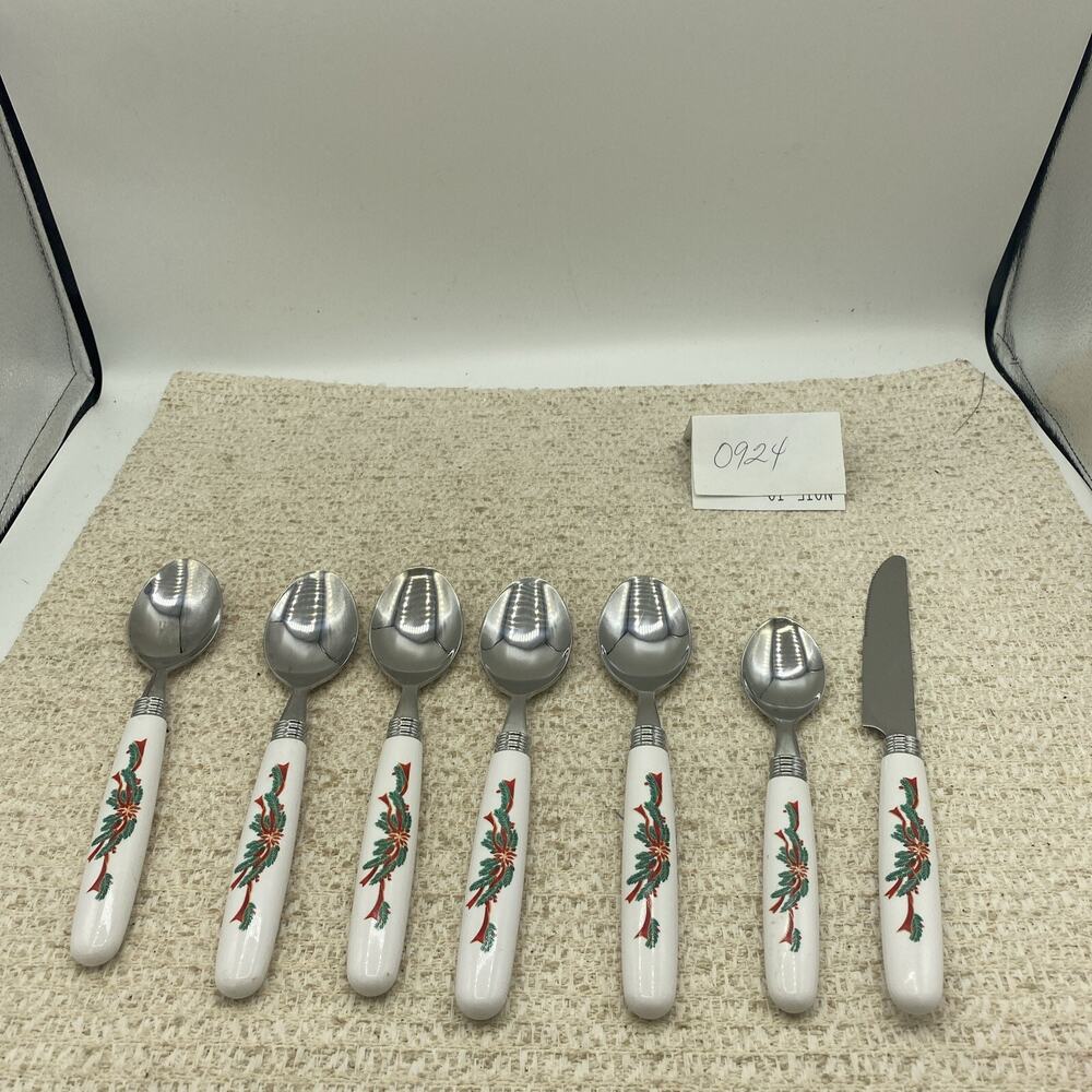 Lot Of 7 Piece Christmas Holiday Holly Ribbon Plastic Handled Stainless Steel